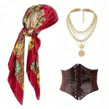 3 Peças Conjunto de Acessórios de Fantasia de Pirata: Lenço de Cabeça, Cinto, Colar, Chapéu, Tapa-Olho, Fantasia de Pirata Feminina para Festa, Mascarada, Halloween, Natal - Multicolorido - Visão 16