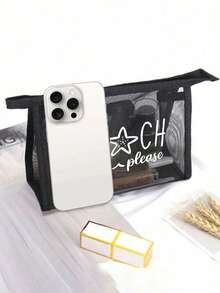 粉色网眼沙滩手提包，字母印花，附赠化妆包和时尚眼镜，网眼化妆包可装口红和粉扑，便携式沙滩包，夏季必备 - 彩色 - 查看 9