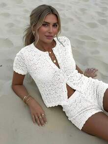 女士夏季度假套装，钩针网纱性感镂空沙滩短袖针织罩衫+短裤两件套 - 女士度假两件套，钩针罩衫夜店装，女士性感修身款白色 - 白色 - 查看 3