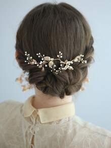 1把极简主义叶子珍珠发梳 - 金色 - 查看 1