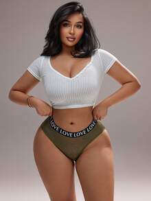 Plus Size Women's Sexy Lace Patchwork Seamless Panties, Comfortable Letter Waistband Sports Bra, Tummy Control Shapewear - Olive Green - View 3