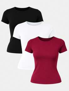 Set Of 3 Women's Basic Elegant Double Layer Supplex High Compression Blouses For Gym Wear - 瑪薩拉紅,白色和黑色 - 查看 1