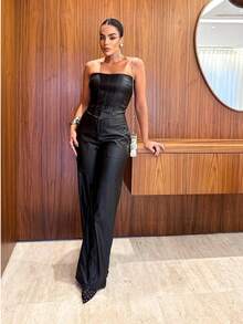 Faux Leather Wide Leg Pants And Cropped Top Set – A Powerful And Modern Look - 黑色 - 查看 7