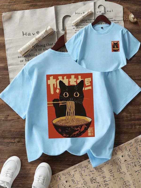 Tween Boy Vintage Cartoon Cat Eating Noodles Print T-Shirt, Soft And Comfortable Fabric, Suitable For Boys Outdoor Sports, Daily Wear, Streetwear, Campus Style, Fashionable Casual Top For Boys In Spring And Summer