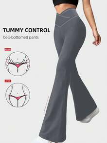 Cross Elastic Flare Pants, Minimalist High Waist Commuting & Yoga Pants, Sexy Casual Sports Leggings, Single-Piece Butt-Lifting Design Flared Pants, Women's Sportswear, Knit Fabric, Stretchy & Comfortable, Suitable For Daily Wear AndWorkoutspring And Summer - Xám - Xem 4