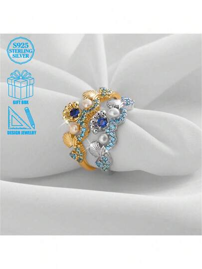 1 chiếc nhẫn bạc 925 cao cấp, sang trọng, độc đáo, đính đá Zirconia tổng hợp và vỏ sò, thiết kế hình tròn hình học, phù hợp cho nữ, thích hợp làm quà tặng dịp lễ và tiệc tùng.