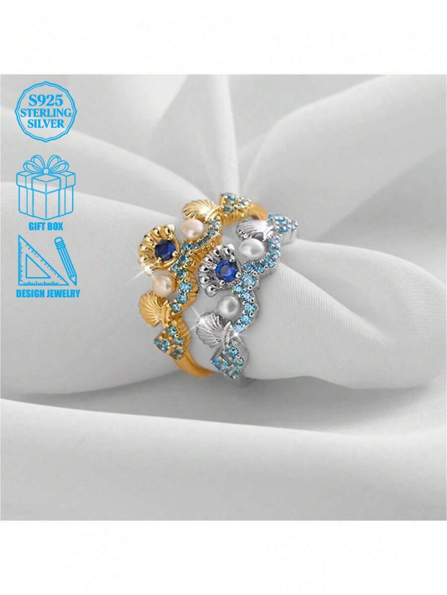 1 chiếc nhẫn bạc 925 cao cấp, sang trọng, độc đáo, đính đá Zirconia tổng hợp và vỏ sò, thiết kế hình tròn hình học, phù hợp cho nữ, thích hợp làm quà tặng dịp lễ và tiệc tùng. - Bạc - Xem 1