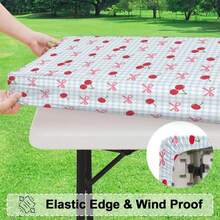 1件蓝色格子背景桌布，粉色蝴蝶结樱桃图案，粉色蝴蝶主题派对桌布，防水涤纶面料，适合室内外使用，生日派对装饰，新娘送礼会，婴儿送礼会，性别揭晓派对，派对桌布 - 蝴蝶結櫻桃 - 查看 5