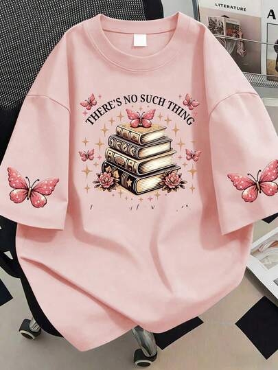 蝴蝶、书籍和字母印花圆领短袖T恤，大码女式休闲夏季上衣，适合夏季度假、海滩度假、春季穿着、情人节等场合。