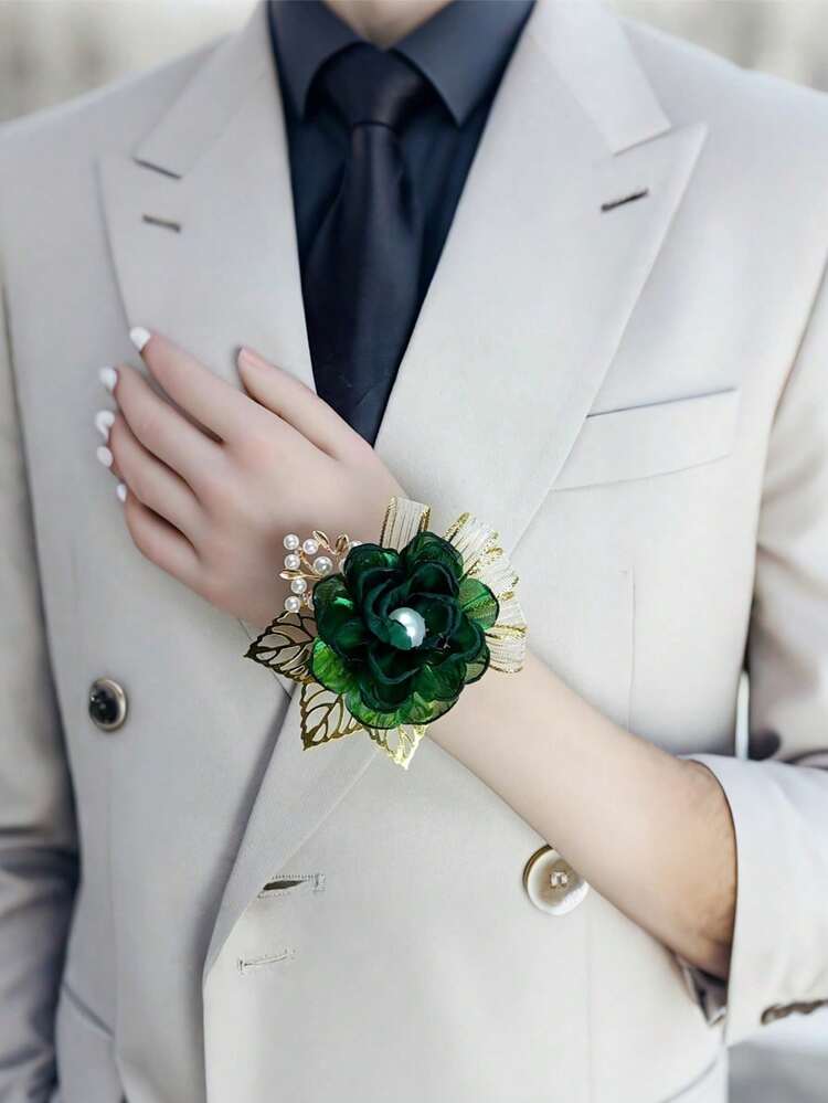 1 Bộ: 1 Hoa cài áo + 1 Hoa đeo cổ tay, Thiết kế hoa ly và hoa hồng thanh lịch với chất liệu hợp kim kim loại, Thích hợp cho chú rể, cô dâu, phù rể, phù dâu, đám cưới, lễ đính hôn, các sự kiện trang trọng, tiệc tùng. - Màu xanh lá cây đậm - Xem 2