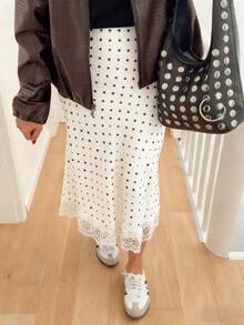 Women Satin Lace Trim Midi Skirt Polka Dot Print High Waist Long A-Line Skirts Vintage Silk Going Out Dress Y2k Streetwear Party Clubwear - 白色-A - 查看 3