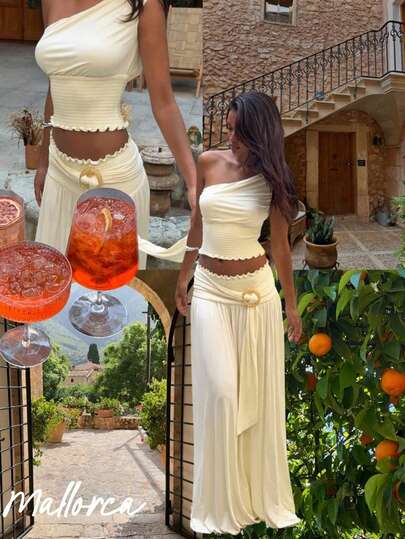 Elio Closet Women's Elegant Solid Color Fitted Summer Two Pieces Set, Minimalist Versatile Cropped Asymmetric Neck Sleeveless Top, Cinched Waist Ruched A-Line Maxi Skirt, Suitable For Beach Vacation, Work Commute, Festivals, Graduation Ceremony