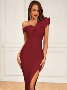 Asymmetric Neckline Ruffle Hem High Slit Bandage Bodycon Dress, Suitable For Wedding Guest Attire - Burgundy - View 1
