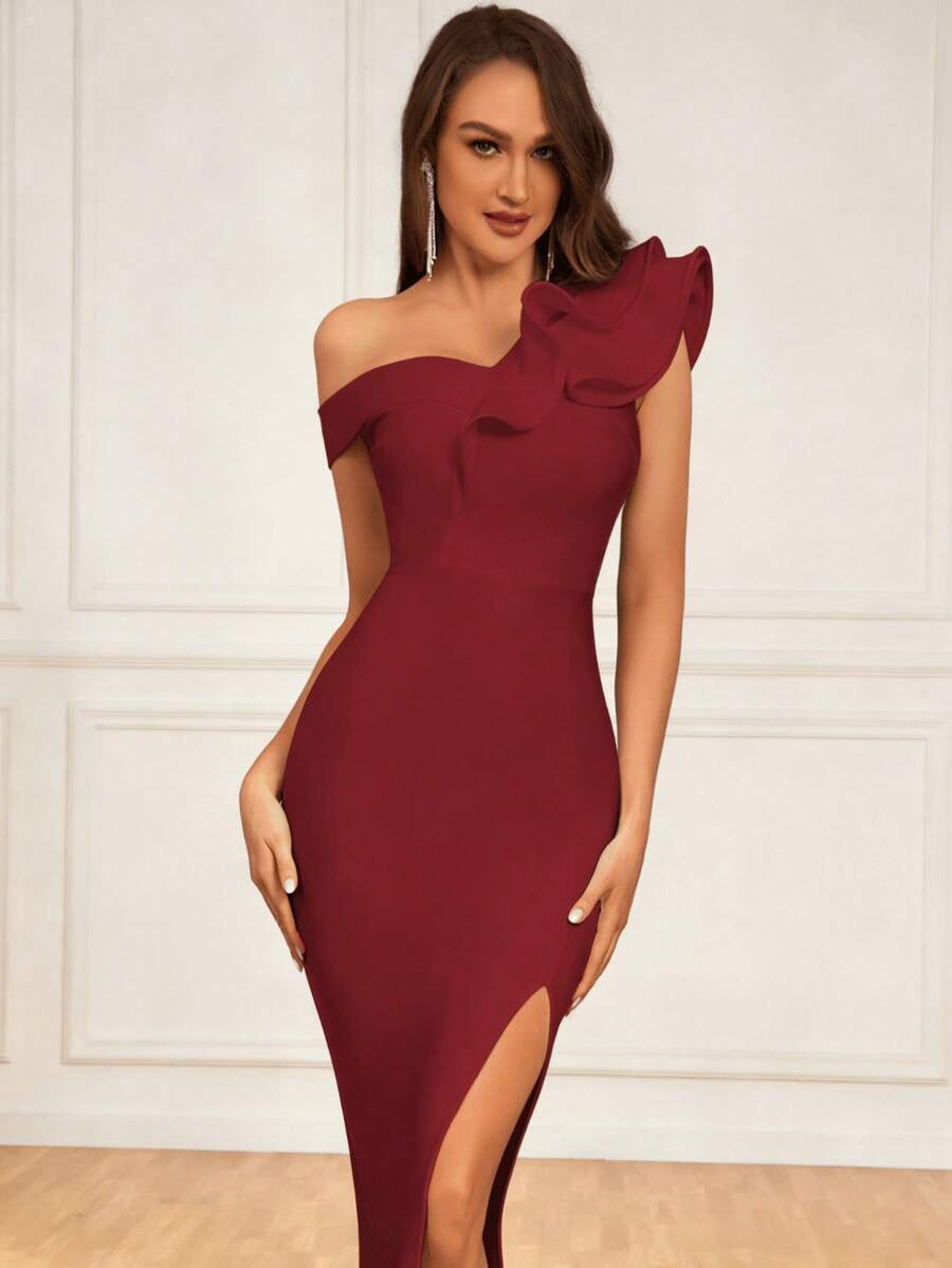 Asymmetric Neckline Ruffle Hem High Slit Bandage Bodycon Dress, Suitable For Wedding Guest Attire - Burgundy - View 1