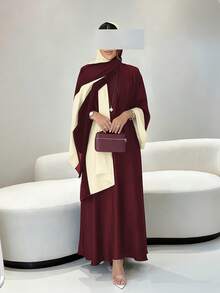 三件套优雅纯色中东长袖开襟长袍+无袖长袍+配套头巾，长袍三件套含头巾，阿拉伯春季服饰 - 紅色 - 查看 3