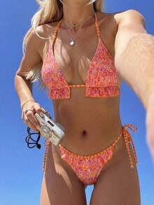 2026 Summer Women's Cute Ditsy Floral Spaghetti Strap Backless Bikini Top, Suitable For Beach Vacation. Backless Tie Ditsy Floral Bikini, Women's Two Pieces Swimsuit, Summer Style - Multicolor - View 1