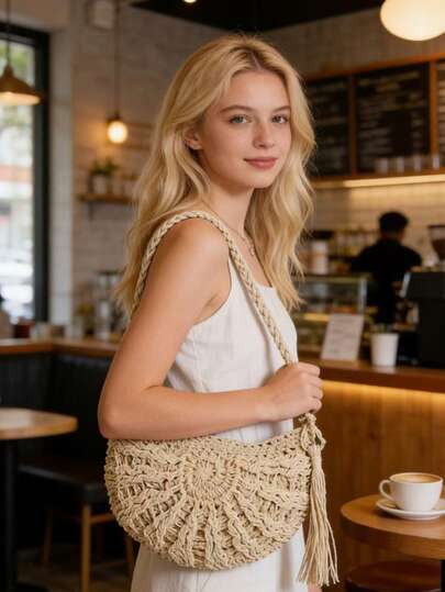 Túi đeo chéo tối giản mùa hè, túi thời trang nữ dệt dây giấy kiểu dáng nghỉ mát biển, túi rơm cho khu nghỉ dưỡng biển.