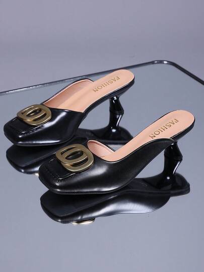 1 Pair Korean Style Plus Size Teen Girls Fashion High Heel Slippers, Solid Color Soft + Gold Disc Buckle Decor, Square Toe Shallow Cut Closed Toe Thin Heel Height-Increasing Slip-On Design, Fashionable Elegant Cute Work Casual Wedge Heel Slippers, Suitable For Daily Casual Vacation Office Indoor, Spring Summer New