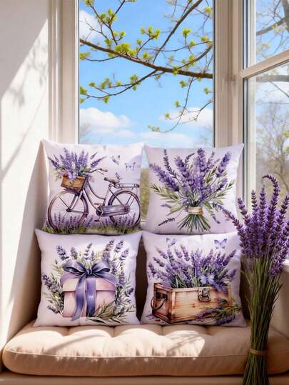 4pcs Soft Pillow Covers - Single-Sided Lavender Decor Cushion Covers - Vintage Purple Floral Pattern - 45*45cm, Suitable For Sofa, Living Room, Bedroom - Throw Pillows - Machine Washable, Pillow Inserts Not Included