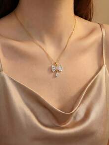 1 chiếc dây chuyền mặt hình bướm mạ vàng dành cho nữ - Dây chuyền mặt hình bướm thanh lịch với ngọc bích hồng và đá cubic zirconia trong suốt hình giọt nước, trang sức tối giản hàng ngày, quà tặng công sở, ngày Valentine, sinh nhật, kỷ niệm cho mẹ, bạn gái, vợ. - Nhiều màu - Xem 3