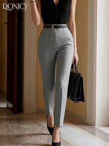DONICY 经典灰色直筒裤，女士中高腰拉链裤，带侧袋，时尚商务休闲裤 - 灰色 - 查看 6