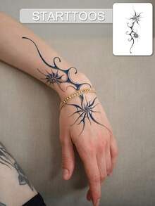 Pegatina de tatuaje mágico semipermanente de jugo de hierbas, tatuaje simple mini para mujeres, pegatina de tatuaje de patrón geométrico abstracto, tatuajes de festival, tatuaje semipermanente impermeable y no reflectante de 7-14 días, pegatina de tatuaje semipermanente para muñeca, hombro, cuello, clavícula y Body, 1 hoja - Azul - Ver 1