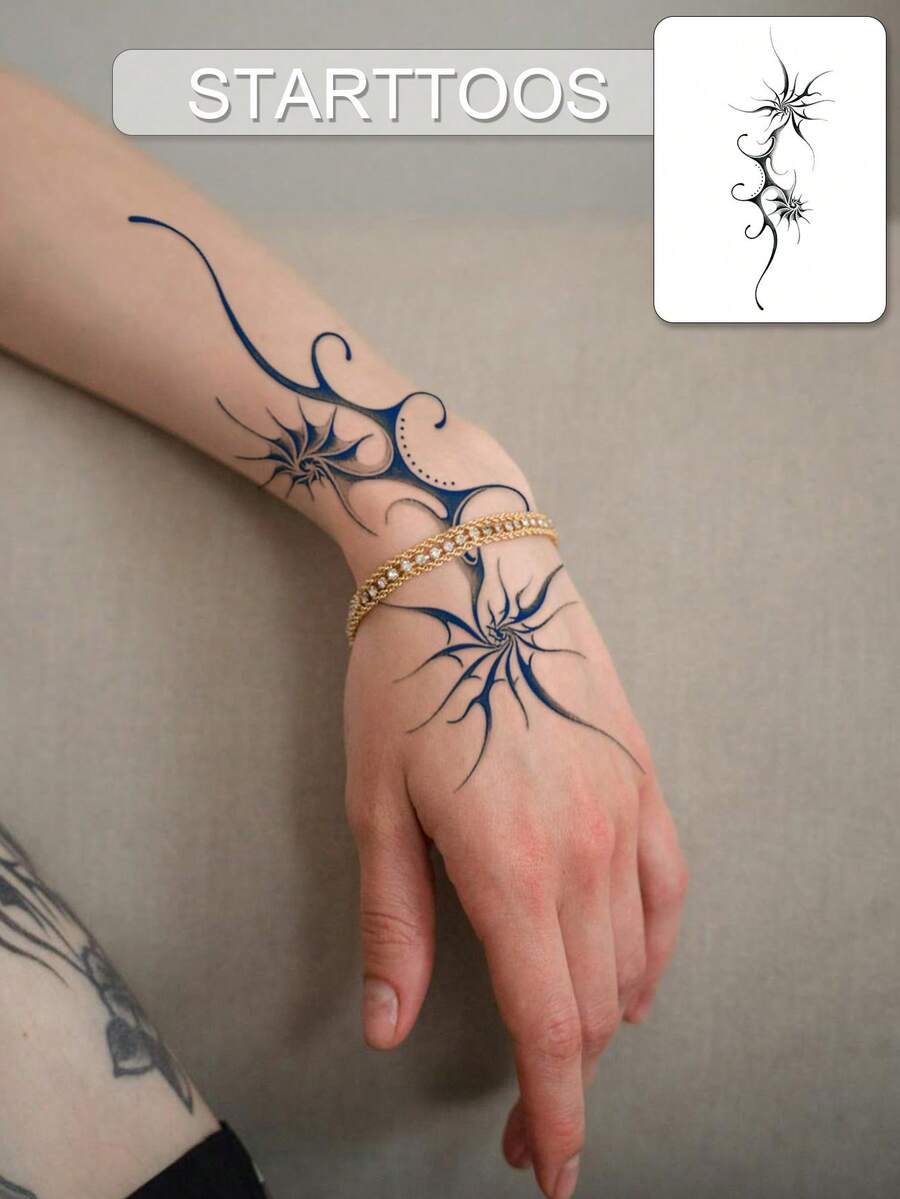 Pegatina de tatuaje mágico semipermanente de jugo de hierbas, tatuaje simple mini para mujeres, pegatina de tatuaje de patrón geométrico abstracto, tatuajes de festival, tatuaje semipermanente impermeable y no reflectante de 7-14 días, pegatina de tatuaje semipermanente para muñeca, hombro, cuello, clavícula y Body, 1 hoja - Azul - Ver 1