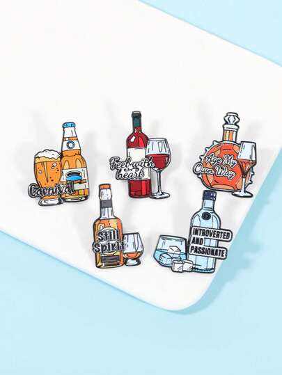 5pcs Creative Funny Water Cup Brooch, Fashionable Personalized English Letter Bottle Metal Badge Clothing Accessories