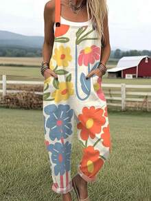 Vintage Large Flower All-Over Print Women's Adjustable Strap Jumpsuit, Polyester Fiber Fabric, Lightweight And Breathable, Women's Clothing, Standard Size Jumpsuit, Plus Size Women's Clothing, Plus Size Jumpsuit And Romper, Plus Size Jumpsuit - 彩色 - 查看 1