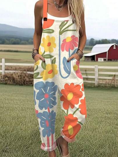 Vintage Large Flower All-Over Print Women's Adjustable Strap Jumpsuit, Polyester Fiber Fabric, Lightweight And Breathable, Women's Clothing, Standard Size Jumpsuit, Plus Size Women's Clothing, Plus Size Jumpsuit And Romper, Plus Size Jumpsuit