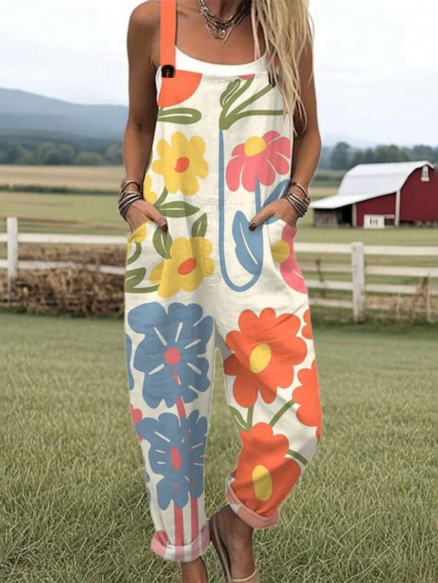 Vintage Large Flower All-Over Print Women's Adjustable Strap Jumpsuit, Polyester Fiber Fabric, Lightweight And Breathable, Women's Clothing, Standard Size Jumpsuit, Plus Size Women's Clothing, Plus Size Jumpsuit And Romper, Plus Size Jumpsuit - 彩色 - 查看 1