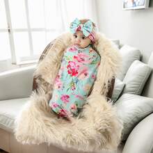 Receiving Blanket Headband Set Flower Print Baby Swaddle Blankets - Baby Blue - View 2