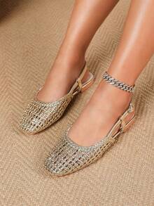 2026 New Bohemian Hollow Out Woven Breathable Slip-On Mules, Flat Casual Comfortable Elegant Perforated Shoes, Lightweight, Breathable, Suitable For Daily Casual, Shopping, Office And Other Occasions - Gold - View 7
