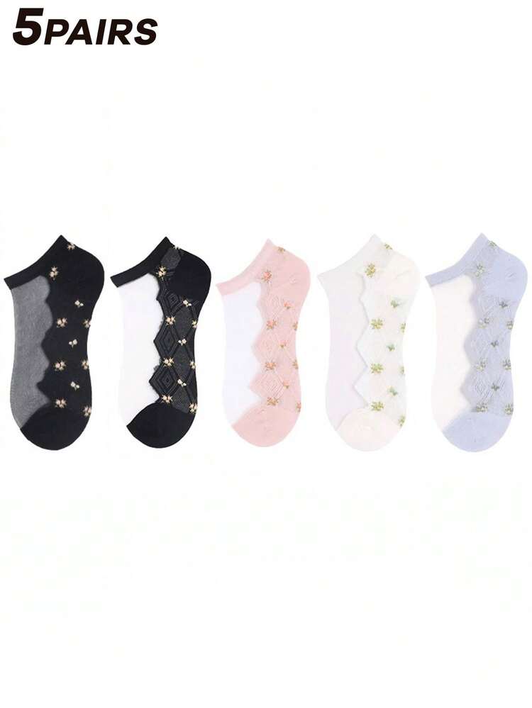 5 双女士多色什锦袜子，透明玻璃纤维，花卉底，轻质，透气针织面料，短袜，适合居家、通勤、派对、约会、节日礼物 - 彩色 - 查看 10