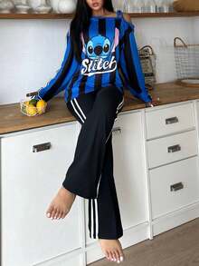 Disney Bộ 2 món áo thun dài cổ yếm và quần dài màu đen Stitch dành cho nữ, chất liệu co giãn, thân thiện với da, thoải mái, thanh lịch, lãng mạn, quyến rũ, dễ thương, thích hợp cho kỳ nghỉ hè/thu. - màu đen - Xem 1