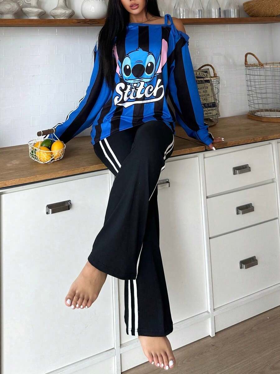 Disney Bộ 2 món áo thun dài cổ yếm và quần dài màu đen Stitch dành cho nữ, chất liệu co giãn, thân thiện với da, thoải mái, thanh lịch, lãng mạn, quyến rũ, dễ thương, thích hợp cho kỳ nghỉ hè/thu. - màu đen - Xem 1