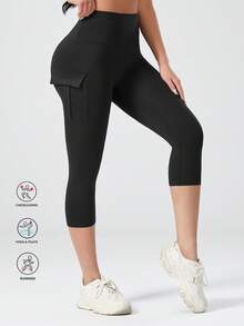 High Waist Fitted Flare Yoga Pants With Pockets, Casual Loose Wide Leg Trousers, Women Black - Black - View 5