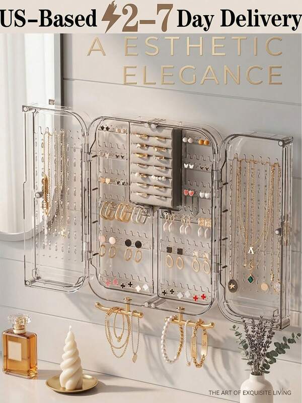 [2-7 días de entrega] Gabinete de pared de lujo para aretes, 1 pieza Soporte de joyería moderno y transparente para área de tocador, ganchos de tono dorado premium para collares, estuche decorativo de fácil instalación, exhibición de colección de joyería de grado profesional