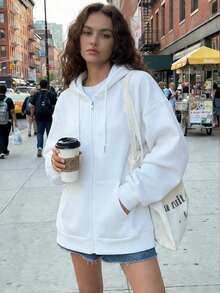 新款女士基础款藏蓝色拉链连帽抽绳宽松卫衣，秋冬款 - 白色 - 查看 8