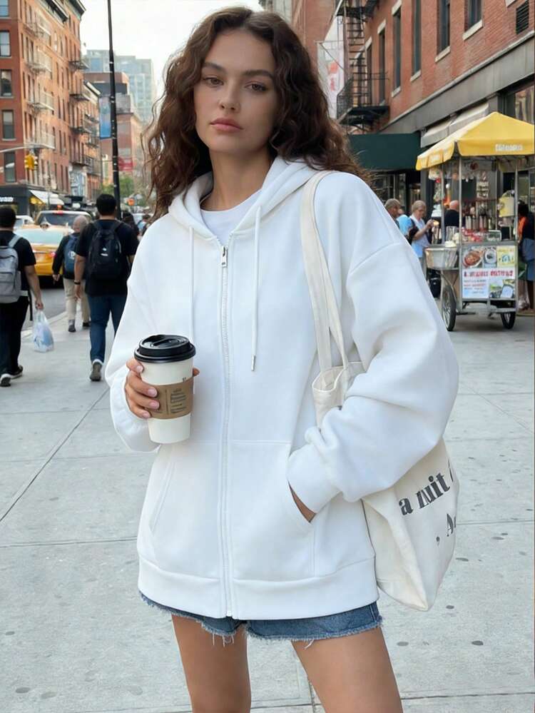 New Arrival Women's Basic Navy Blue Zip-Up Hooded Pocket Drawstring Loose Sweatshirt, Autumn/Winter - White - View 8