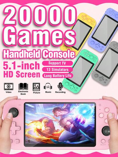 1pc 5.1 Inch HD Handheld Game Console, Built-In 20,000+ Games, Supports 13 Emulators, Open Source Chip, TV/Multiplayer Mode, Retro Portable Gaming Device With TF Card And Type-C Port, Long Battery Life