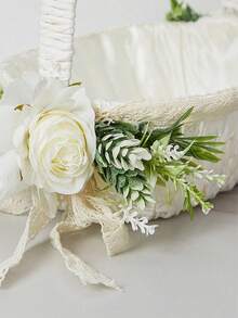 Large White Flower Girl Basket With Satin Ribbon Bow, Suitable For Wedding Flower Girl - 1PC - View 3