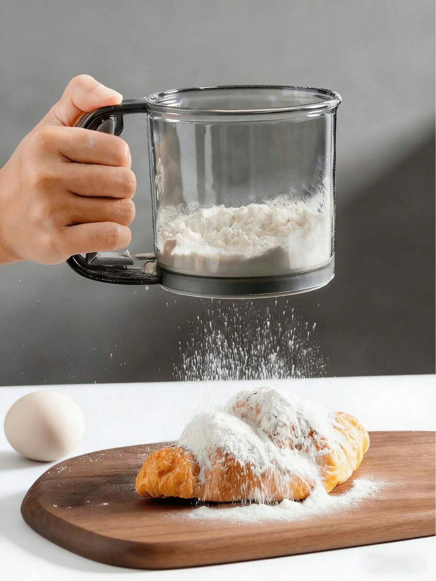 1个半自动面粉筛 - 细网烘焙工具，手持式细网面粉筛，家用烘焙工具，面粉筛杯，制作光滑面团和蛋糕糊的必备品，耐用的厨房和餐饮用品，节日烹饪必备，现代厨房用具，耐用材质 - 查看 1