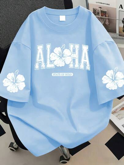 Áo thun cổ tròn in chữ hoa, cỡ lớn dành cho nữ, kiểu dáng thường ngày mùa hè, tay ngắn in họa tiết thời trang. Thích hợp cho kỳ nghỉ hè, đi biển, du lịch, mùa xuân, ngày Valentine.