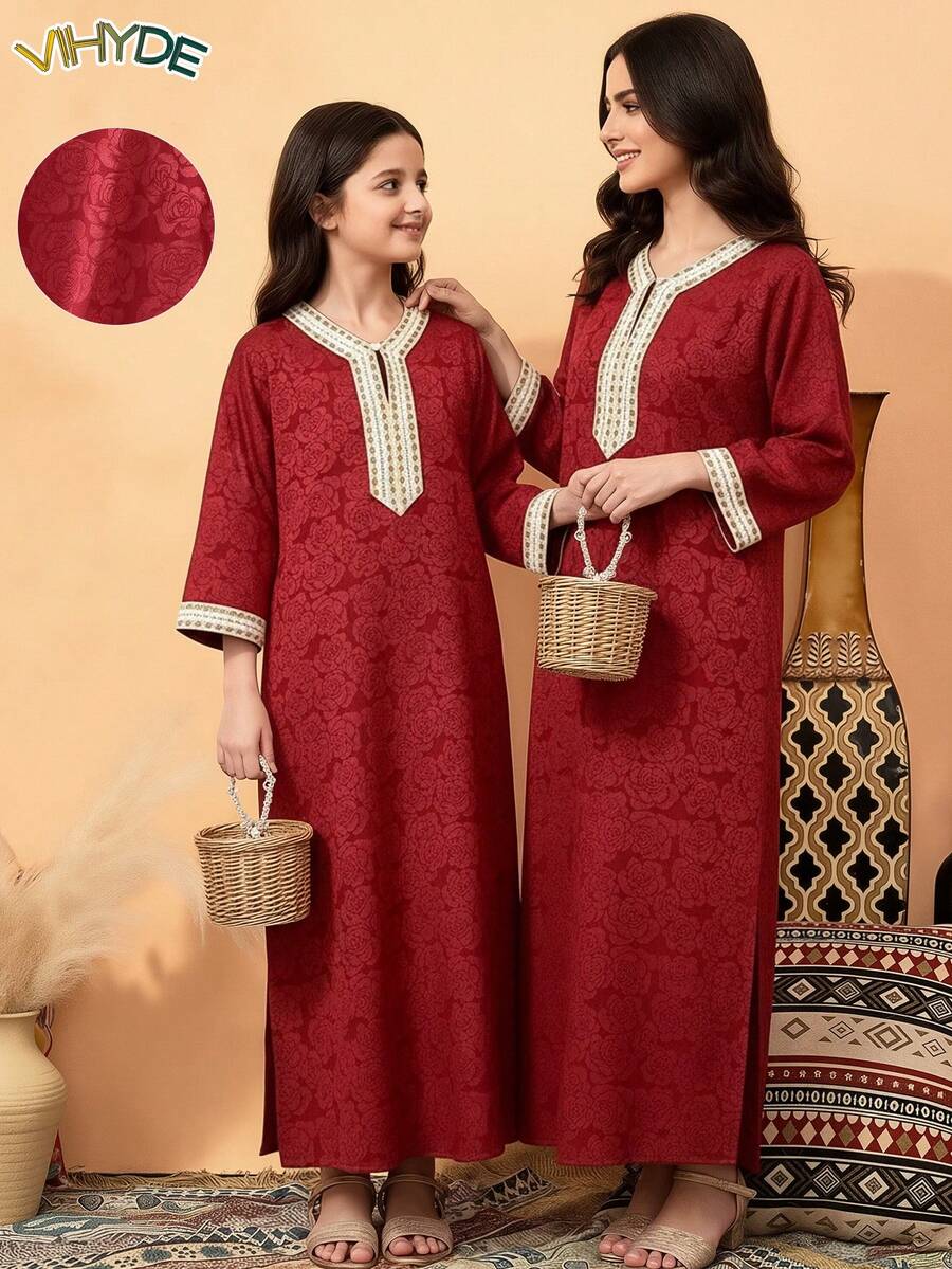 Vihyde 1件女童酒红色花卉饰边领口七分袖开衩提花连衣裙 - 酒紅色 - 查看 1