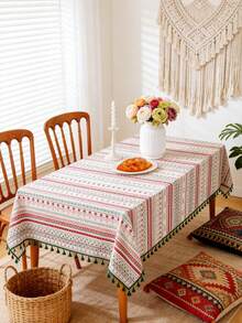 MineLain 1pc Bohemian Spring/Summer Red Geometric Tablecloth, Rectangular Table Runner, Green Tassel Decor, Can Be Used As Picnic Mat, Rectangular Tablecloth, Coffee Table, Bedside Table Cover, Tabletop Decoration, Suitable For Country Farmhouse Home Kitchen Dining Room, Living Room, Gathering, Party, Picnic, Camping, Holiday Wedding Decor, Daily Home Decor, All Seasons Use, Spring/Summer Decor - Multicolor - View 6