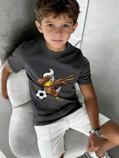 1 Stück bedrucktes Kurzarm T-Shirt für Tween-Jungen, Studentenbekleidung, Sommergeschenk für Kinder