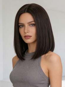 13x1蕾丝前置波波头假发，12英寸自然中分蕾丝假发，适合日常佩戴 - 黑棕色 - 查看 1