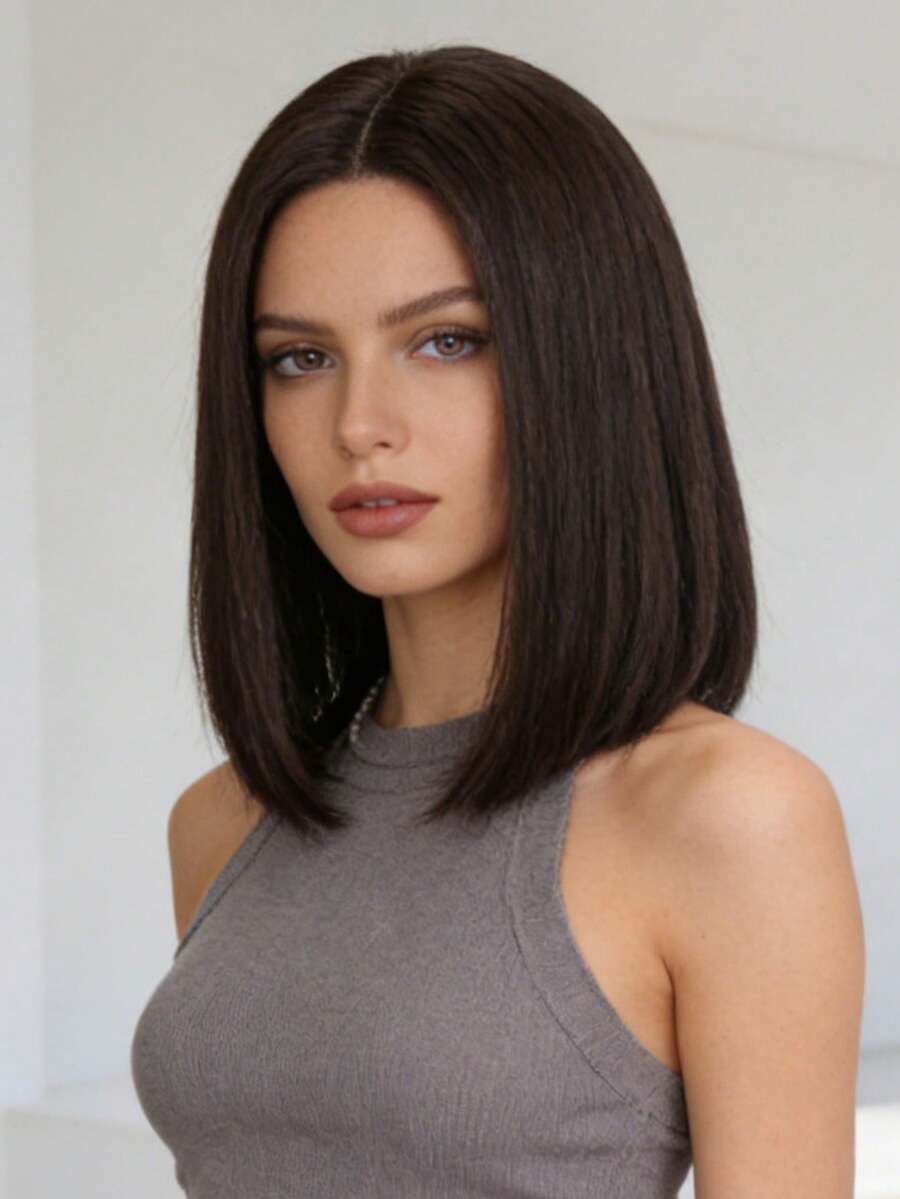 13x1蕾丝前置波波头假发，12英寸自然中分蕾丝假发，适合日常佩戴 - 黑棕色 - 查看 1