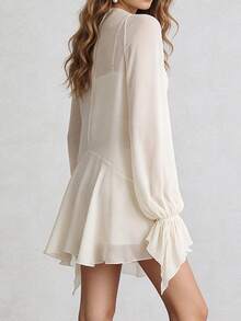 Women Long Sleeve Mini Dress French Casual Solid High Neck Short Flowy Ruffle Dresses for Daily Party Club Party - Beis - Ver 5